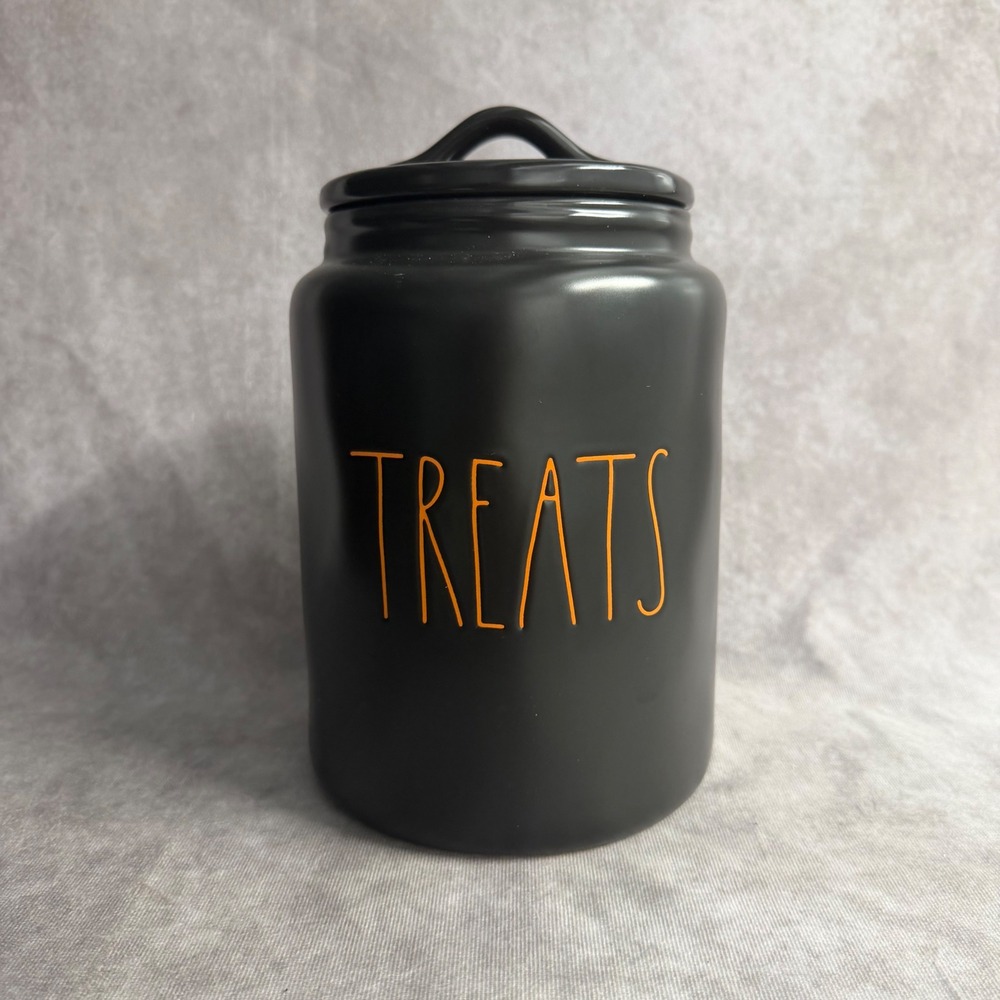 Rae Dunn Treats Canister Large Black Orange Halloween Ceramic Candy Jar Decor